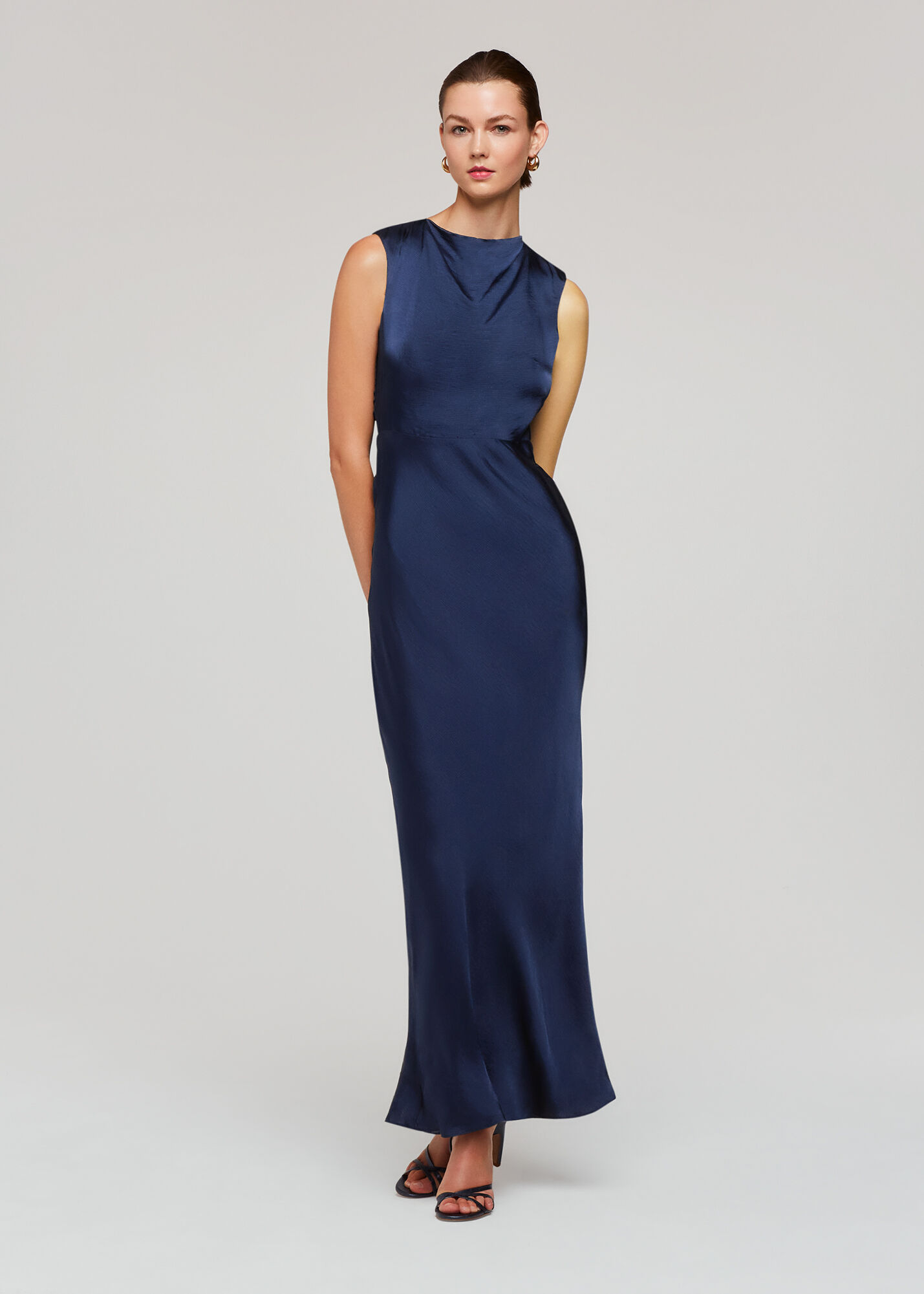 Long navy satin dress outlet