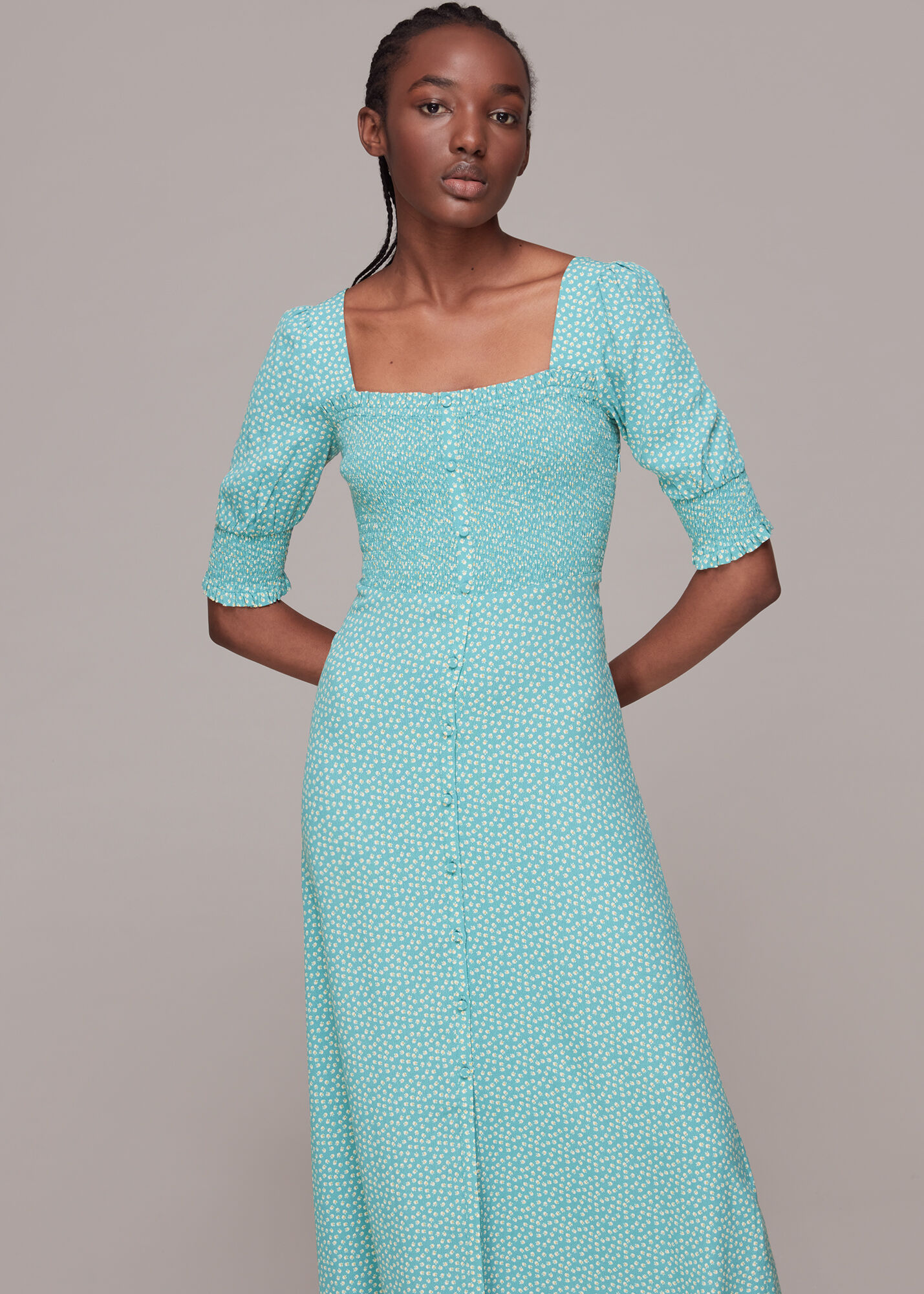 Blue/Multi Ditsy Floral Shirred Dress WHISTLES