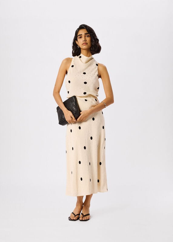 Cream Jacquard Spot Satin Halterneck
