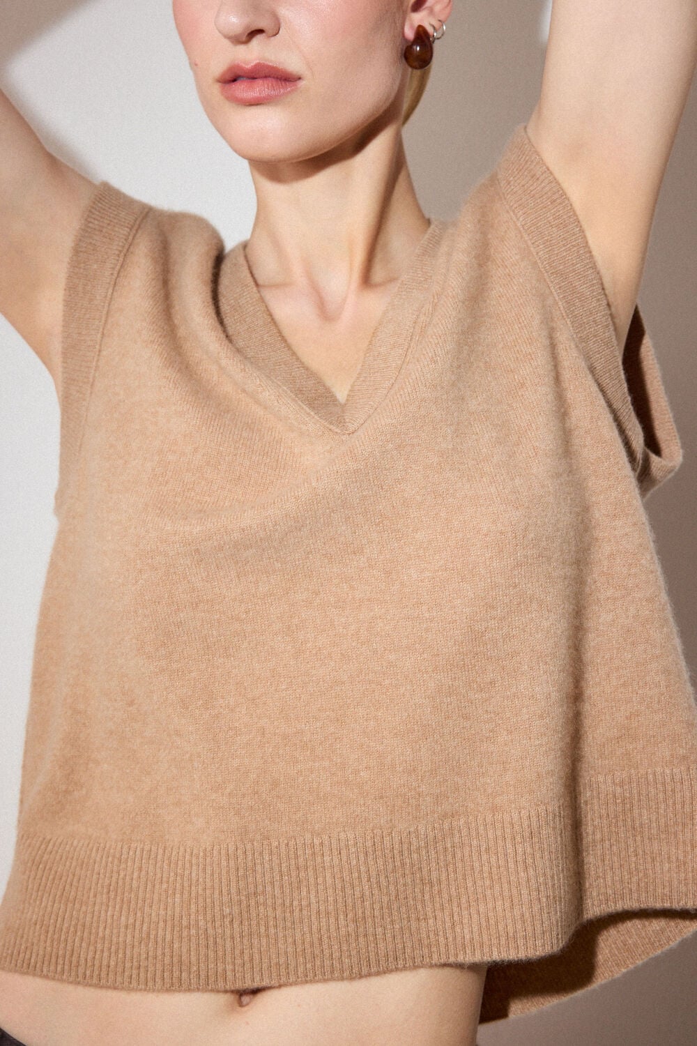 Camel Cashmere V Neck Tank