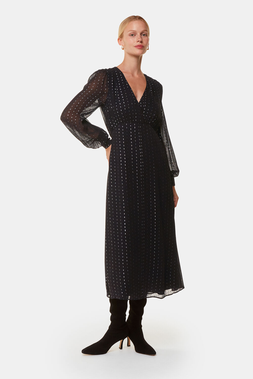 Black Metallic Stripe Midi Dress