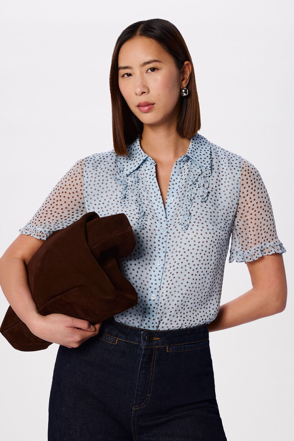 Blue Polka Dot Sheer Sleeve Shirt