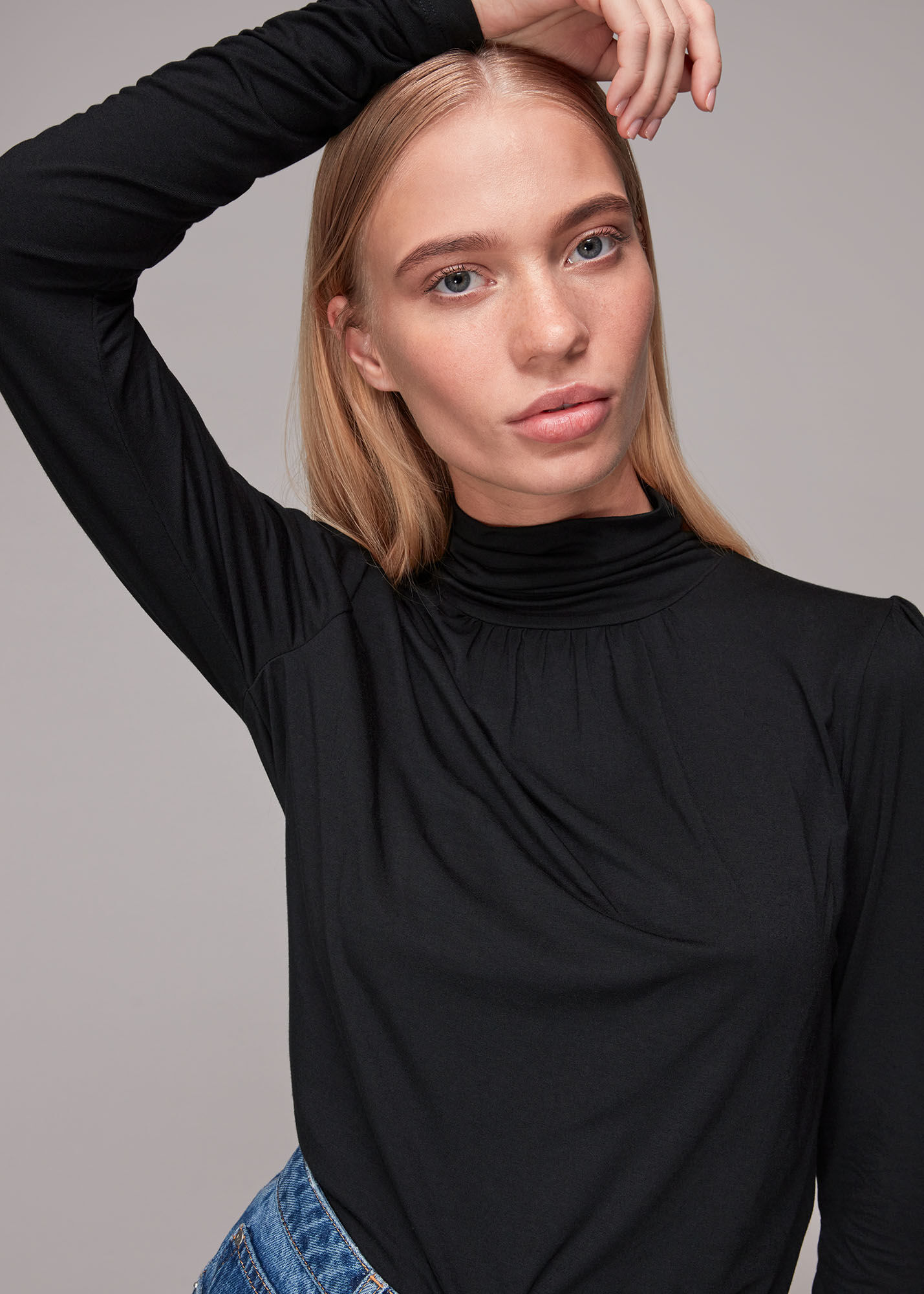 Black High Neck Ruched Sleeve Top WHISTLES Whistles UK