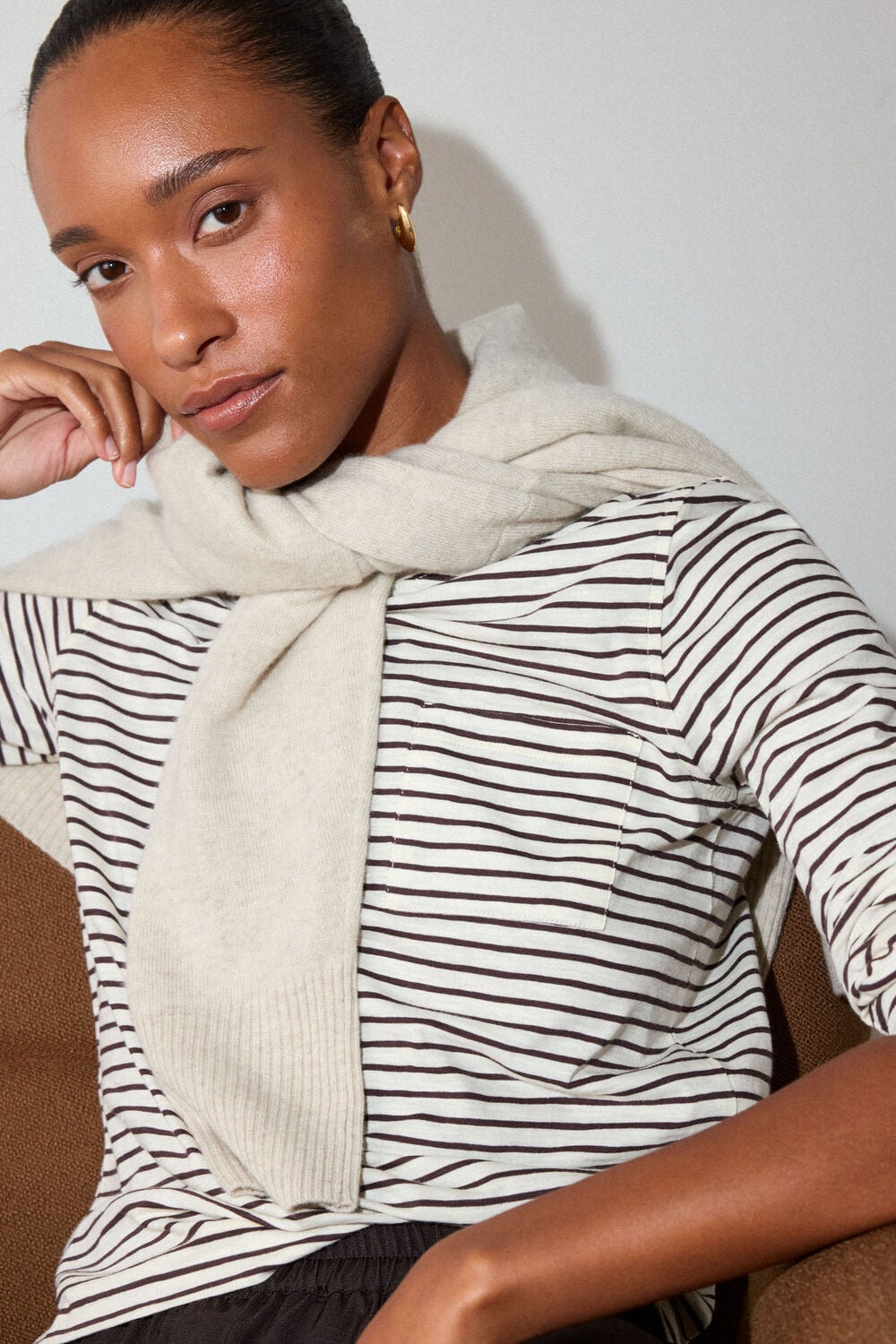 Brown Stripe Crew Neck Pocket Top