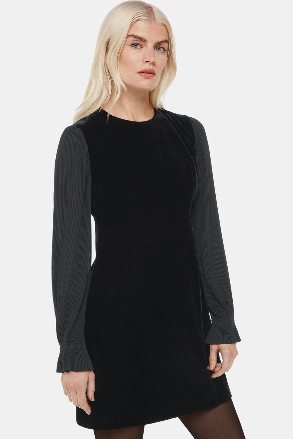 Black Petite Velvet Pleat Sleeve Mini Dress