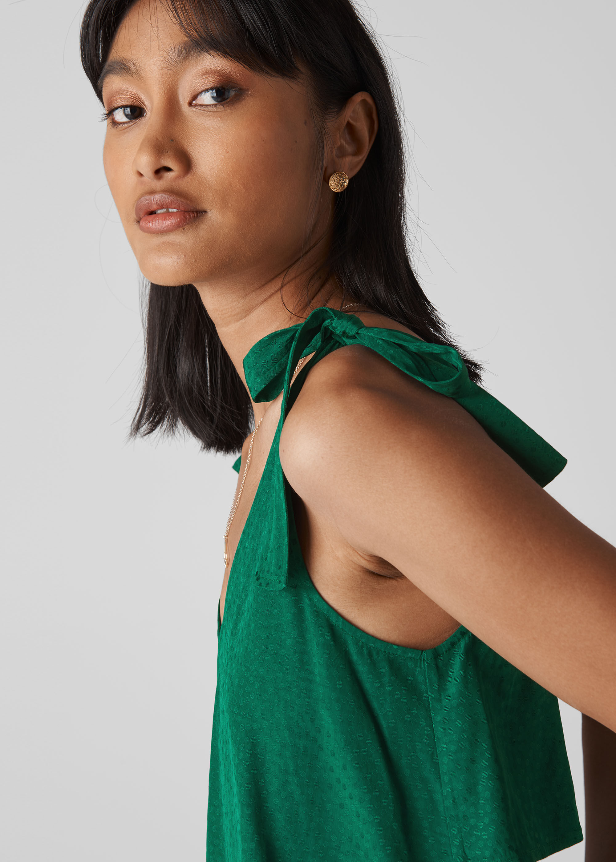 Green Jacquard Tie Shoulder Top