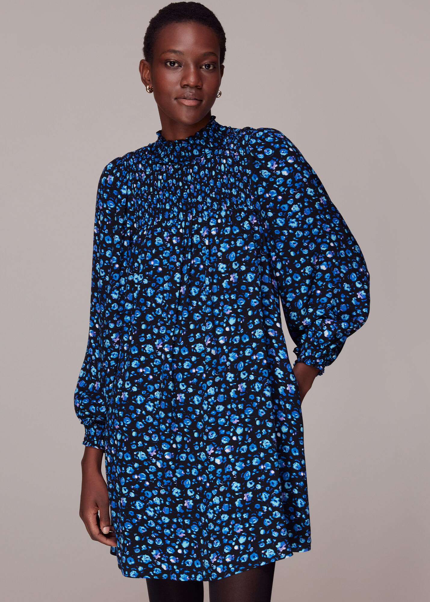 Blue/Multi Blurred Floral Trapeze Dress WHISTLES Whistles ROW