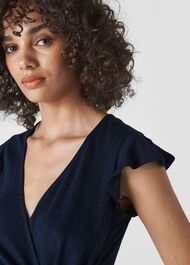 Frill Sleeve Linen Wrap Top Navy