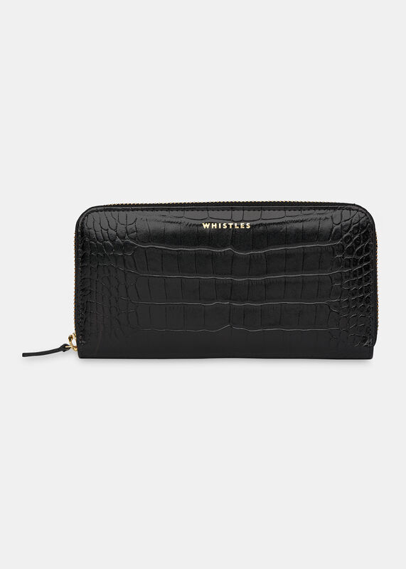 Black Shiny Croc Long Purse