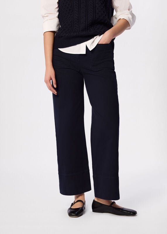 Navy Wide Leg Casual Cotton Trouser