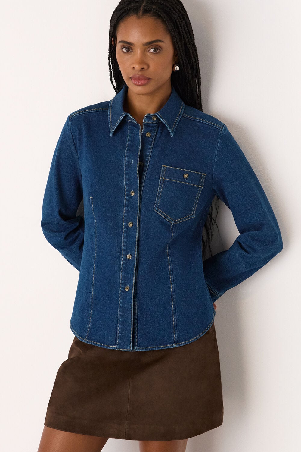 Denim Stretch Cotton Collared Shirt