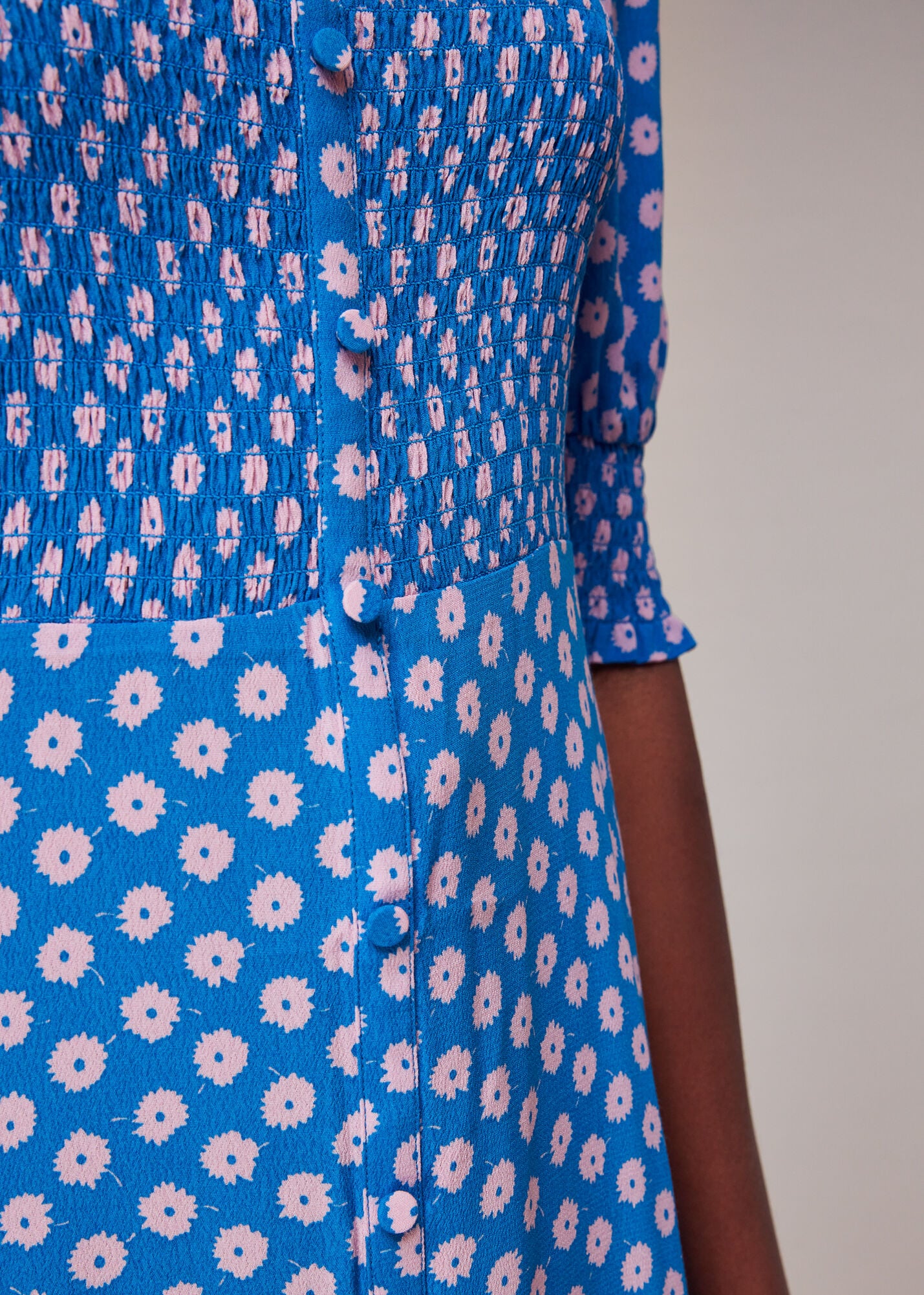 Blue/Multi Floral Sunburst Shirred Dress | WHISTLES | Whistles US |