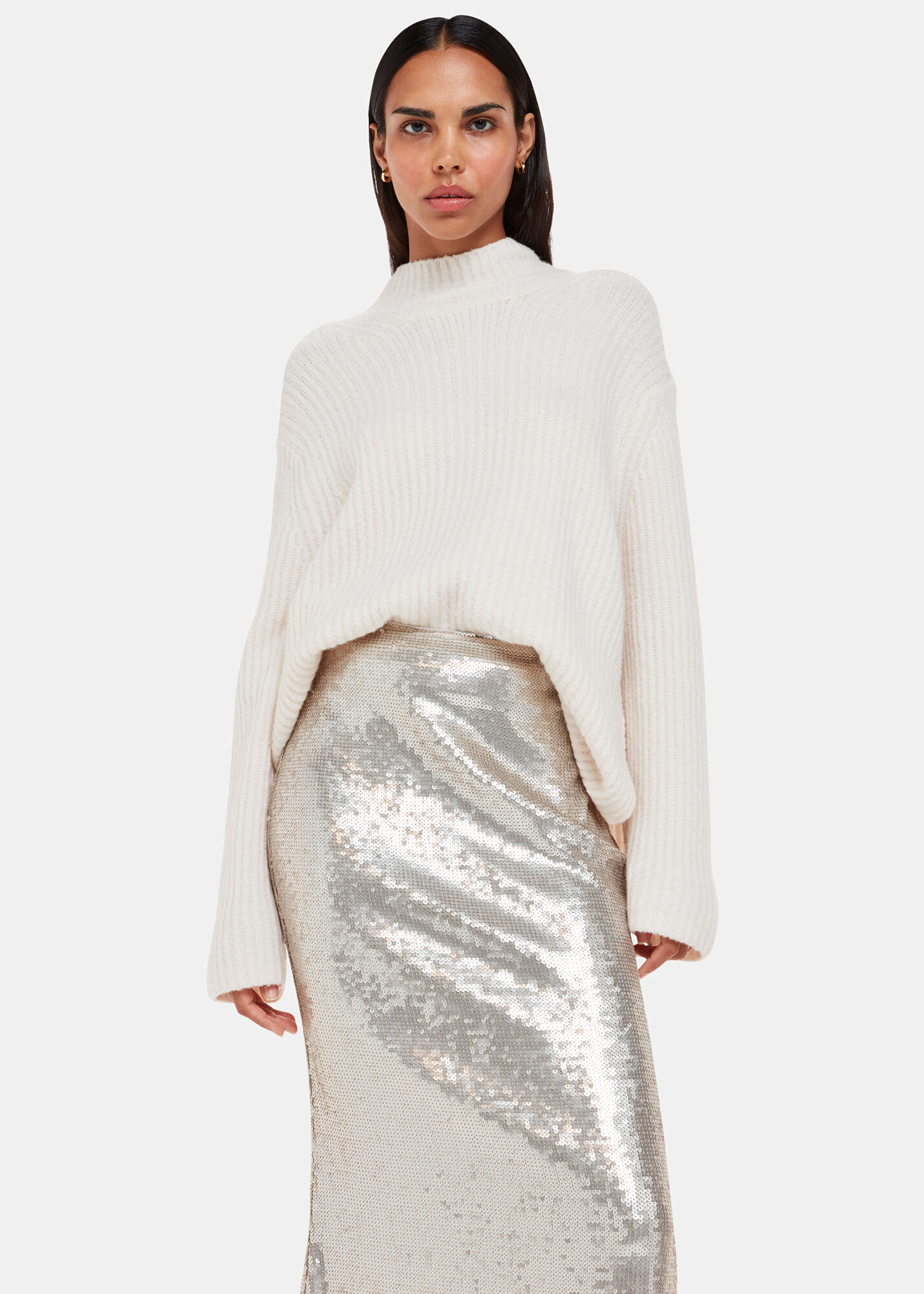 Silver Sequin Midi Skirt With Zip Whistles Whistles US