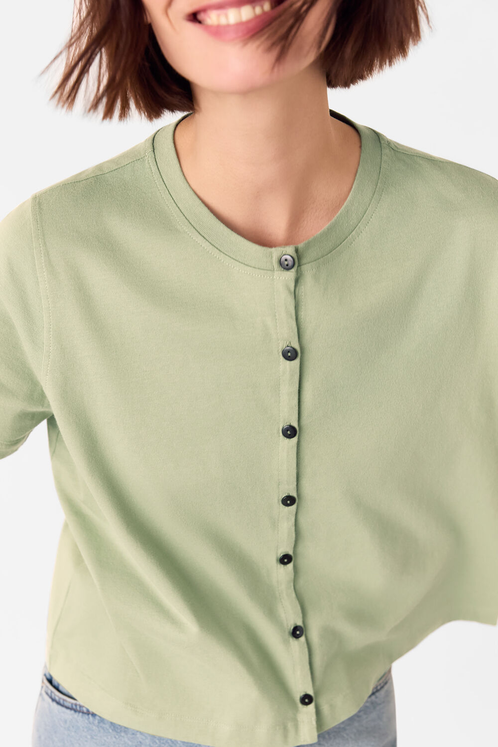 Sage Green Round Neck Button Up Tee