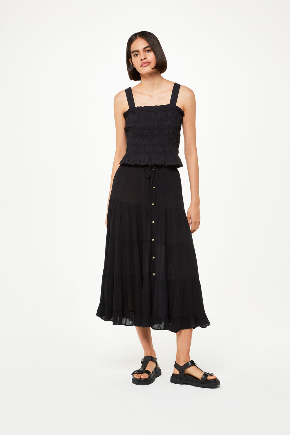 Black Button Front Crinkle Skirt