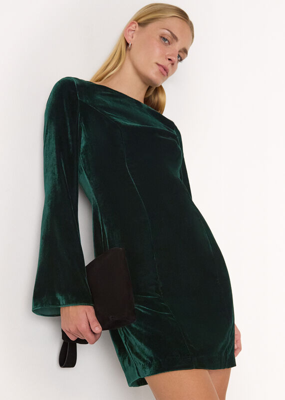Forest Green Velvet Flare Sleeve Dress