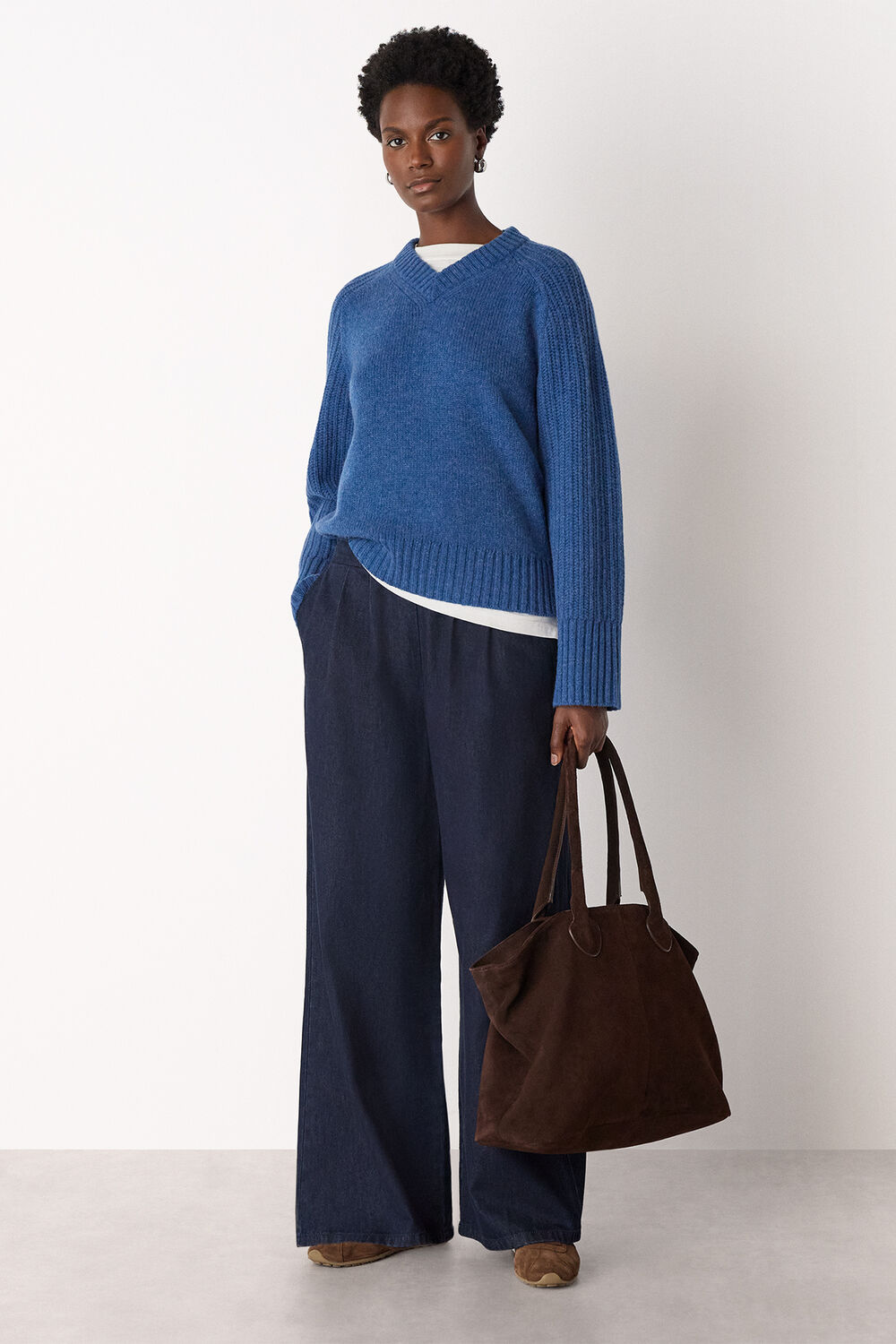 Wool Ribbed Sleeve V Neck Knit