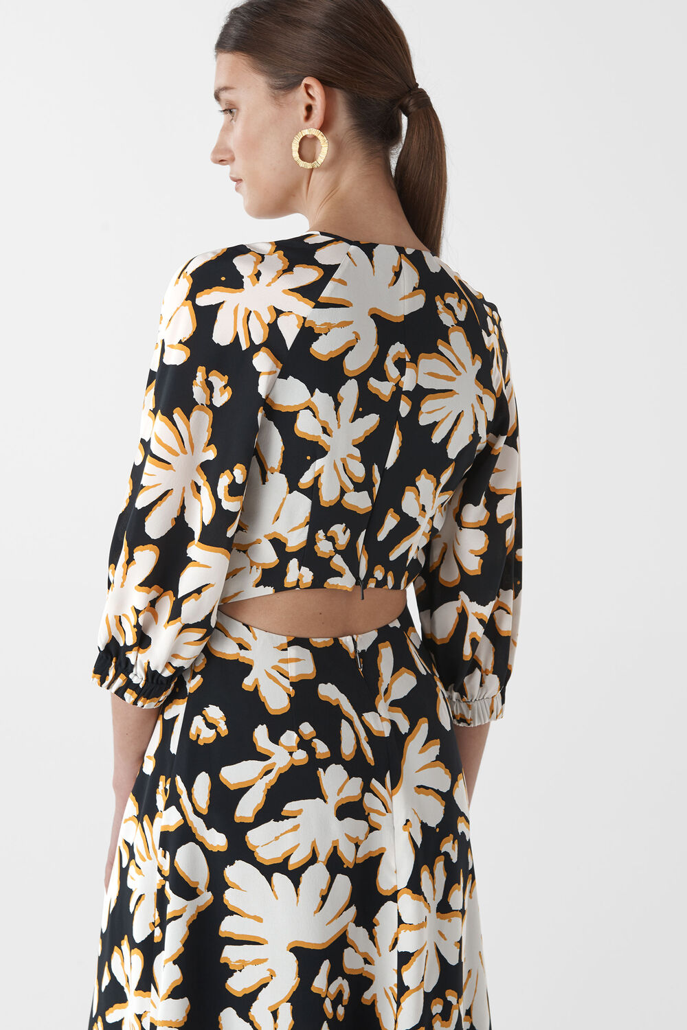 Palm Leaf Print Silk Dress Yellow/Multi