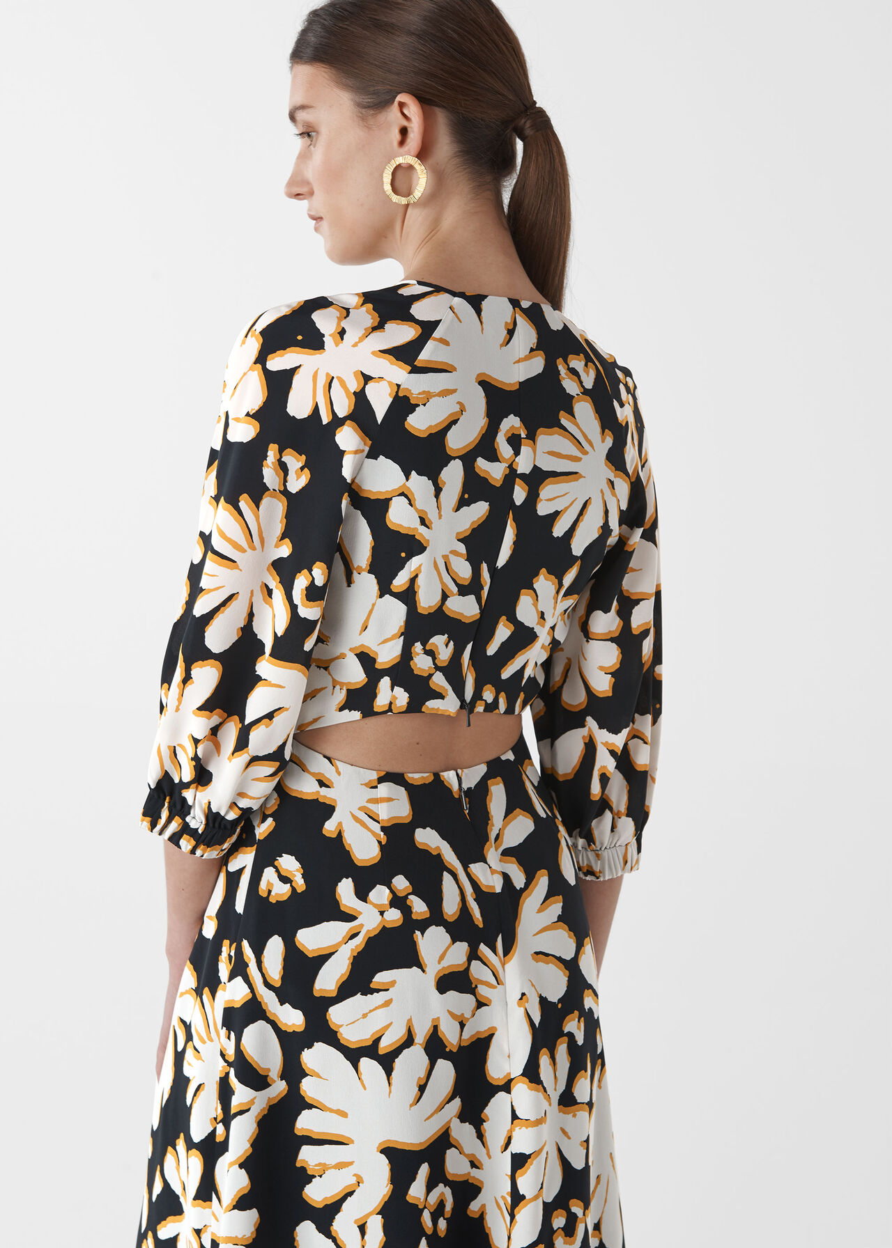 Palm Leaf Print Silk Dress Yellow/Multi