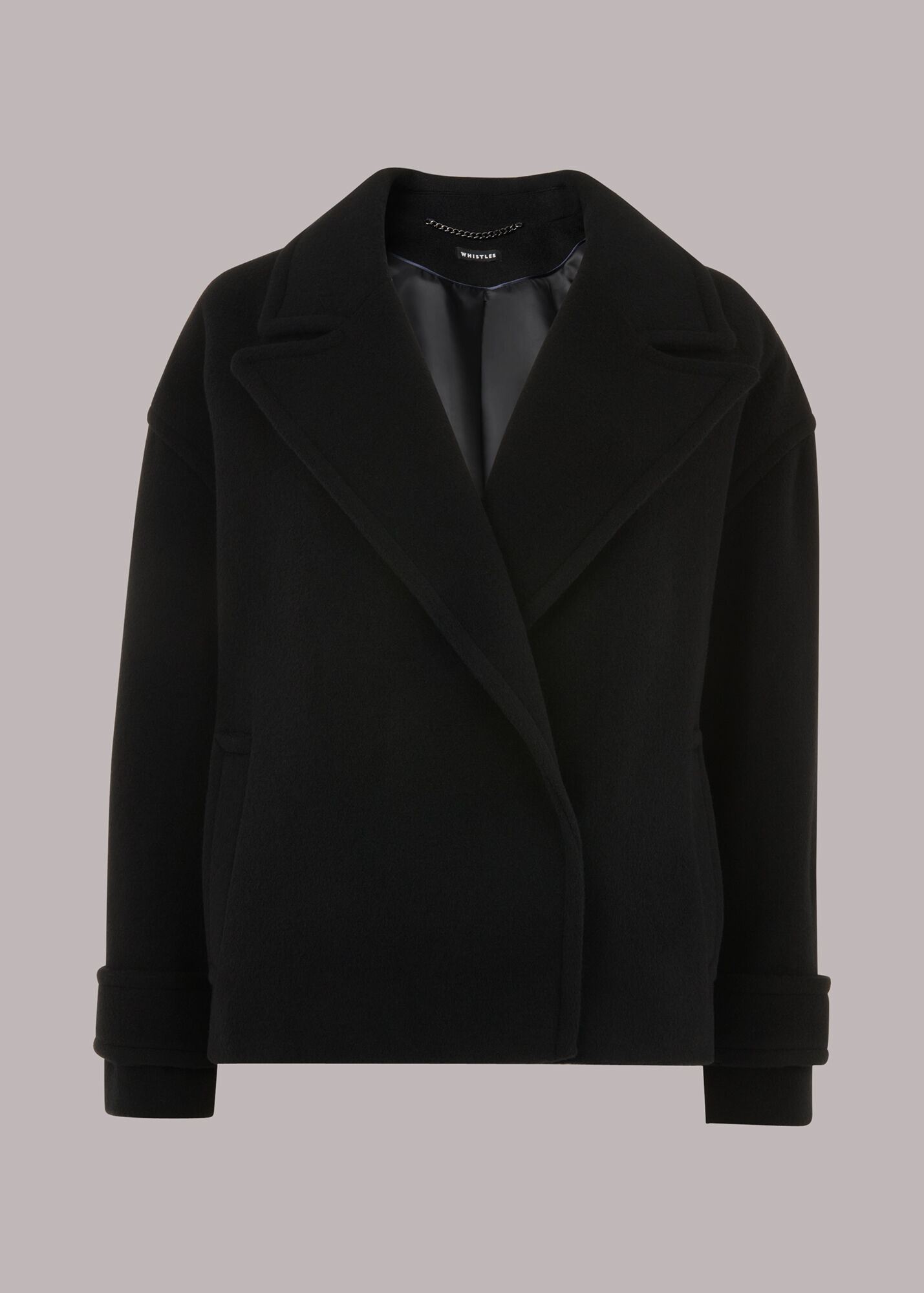 Black Relaxed Cropped Wool Coat WHISTLES Whistles UK