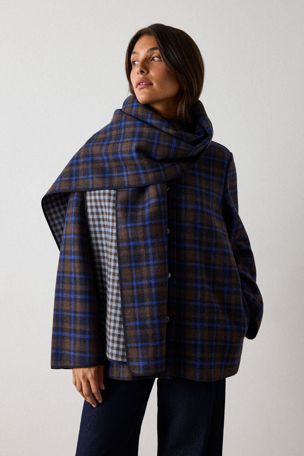 Navy Check Scarf Coat
