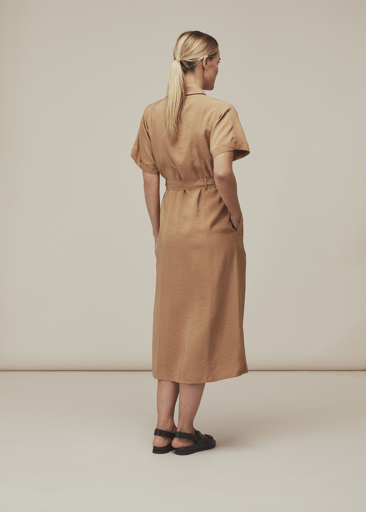 Military Belted Midi Dress Beige