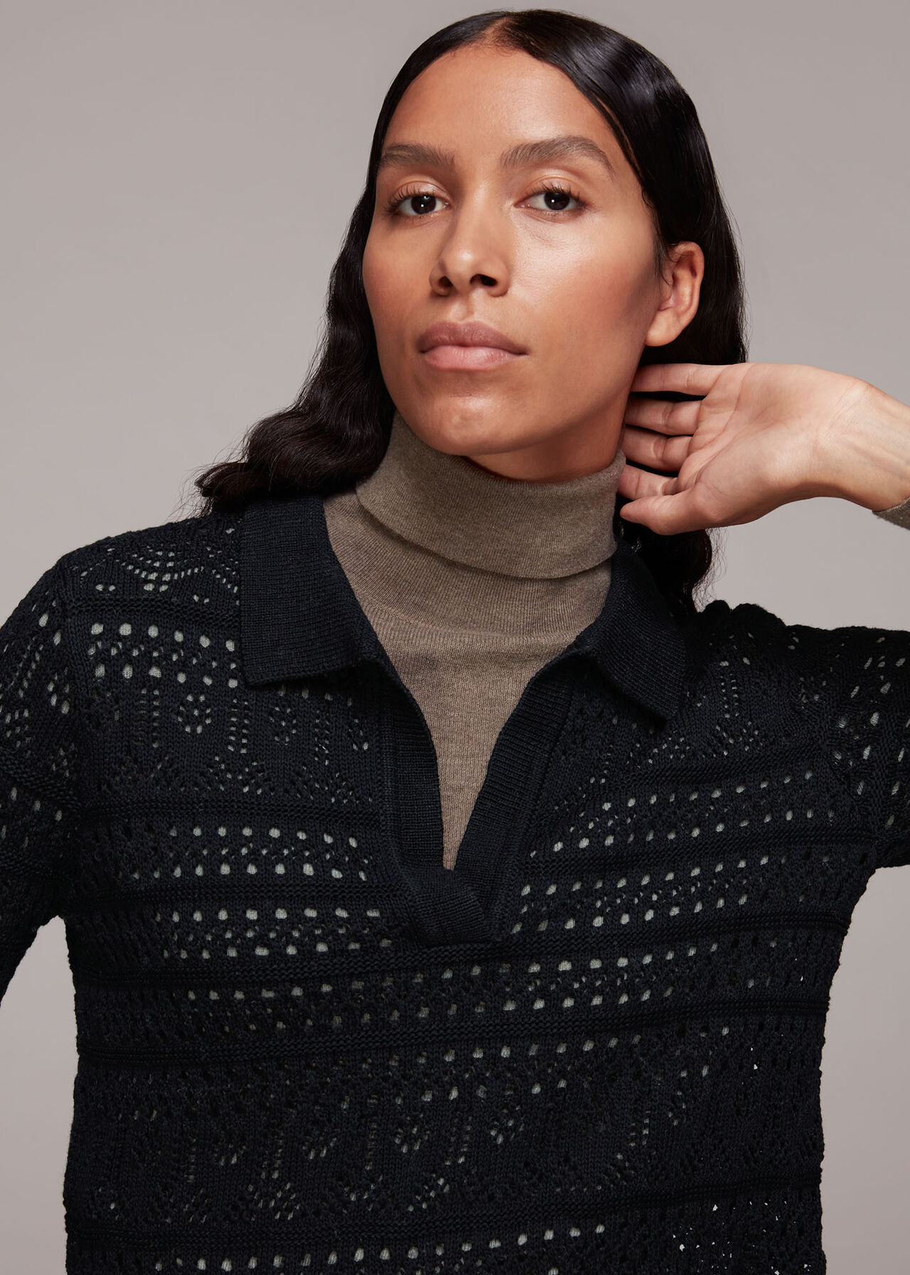 Black Crochet Collar Detail Top WHISTLES