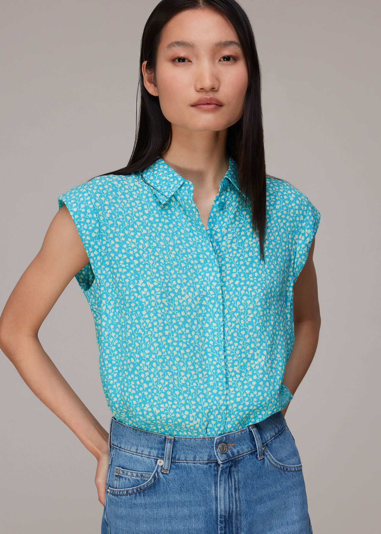 Blue/Multi Flowerpod Sleeveless Shirt | WHISTLES