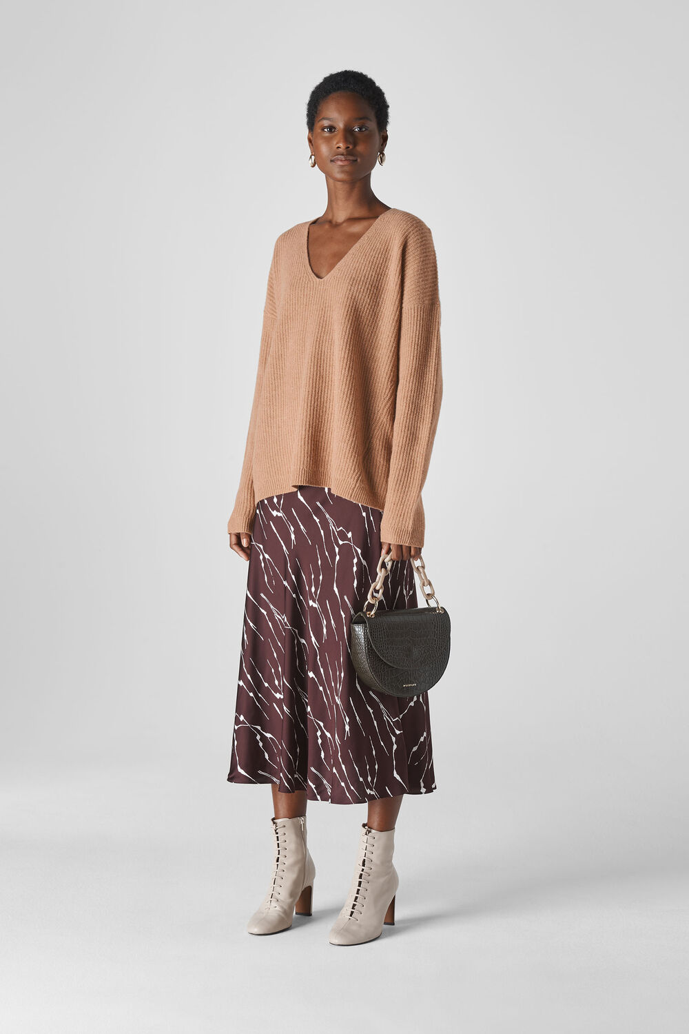 V Neck Rib Wool Sweater Camel