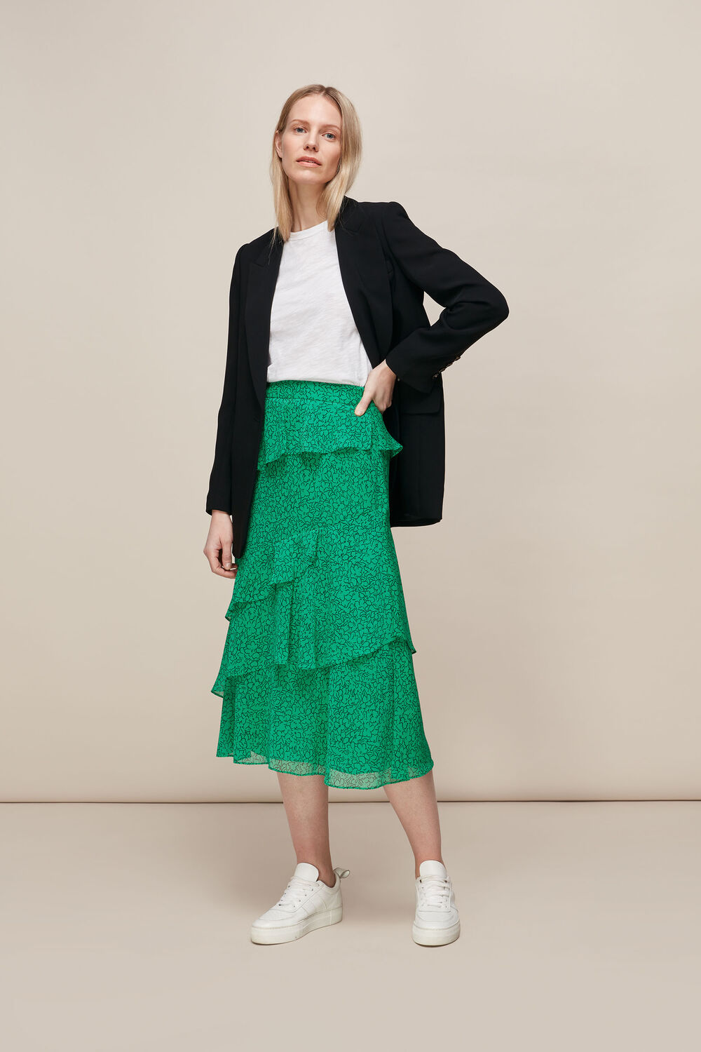 Sketched Floral Tiered Skirt Green/Multi