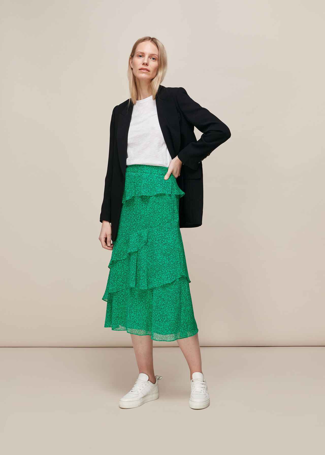 Sketched Floral Tiered Skirt Green/Multi