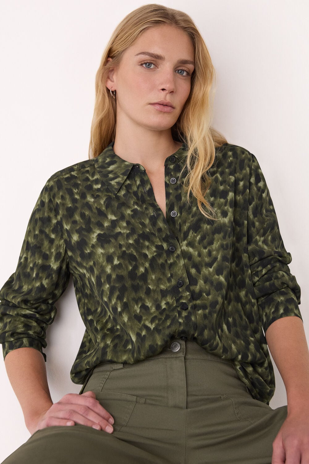 Green Animal Print Collared Shirt