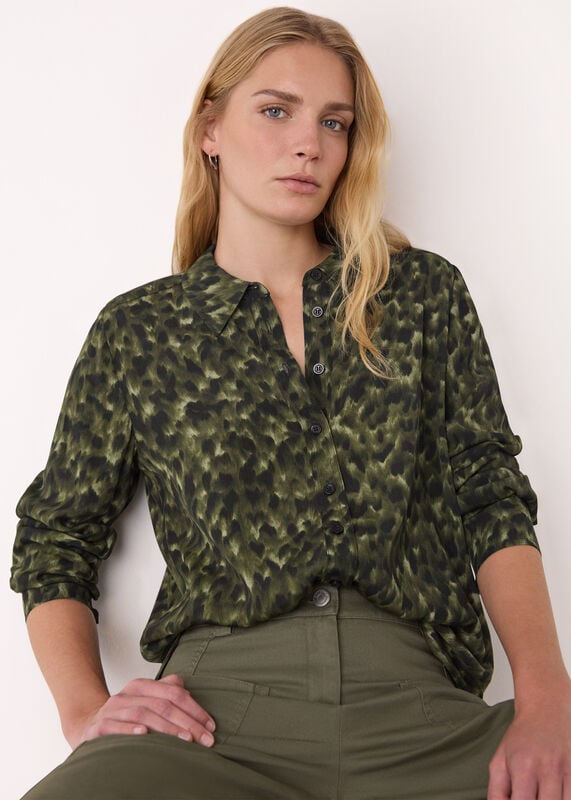Green Animal Print Collared Shirt