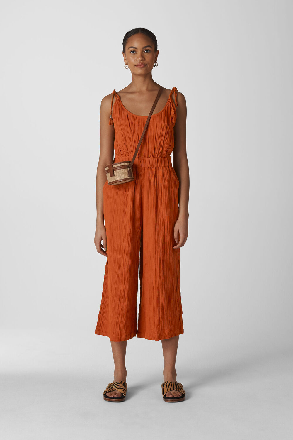 Mila Textured Casual Jumpsuit Rust