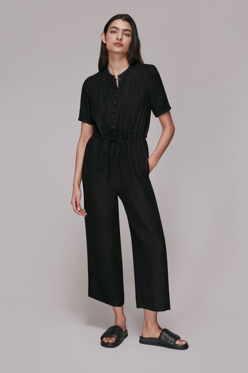 Black Button Front Linen Jumpsuit
