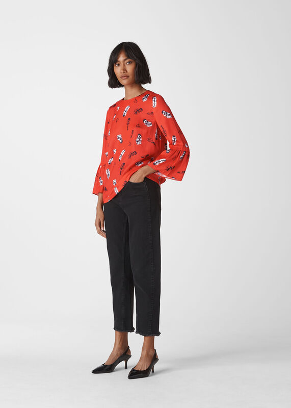 Red Feather Print Millie Frill Top