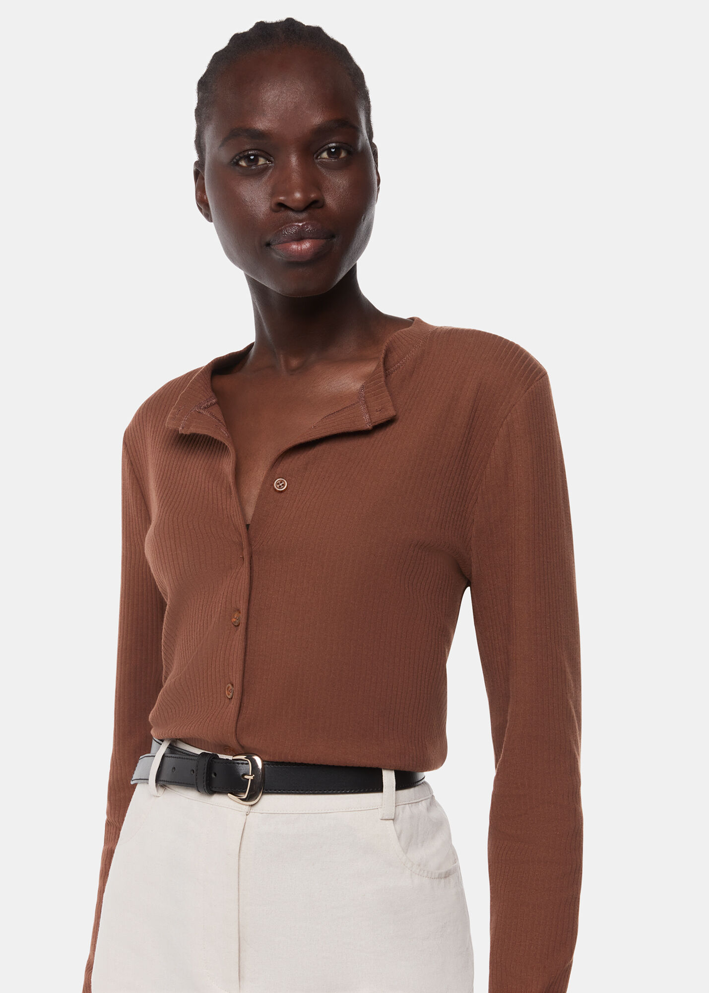 Chocolate Ribbed Jersey Button Top | WHISTLES | Whistles ROW |