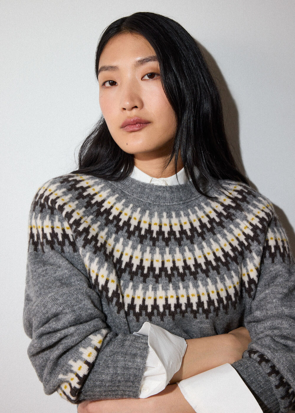 Grey Wool Mix Fairisle Detail Knit