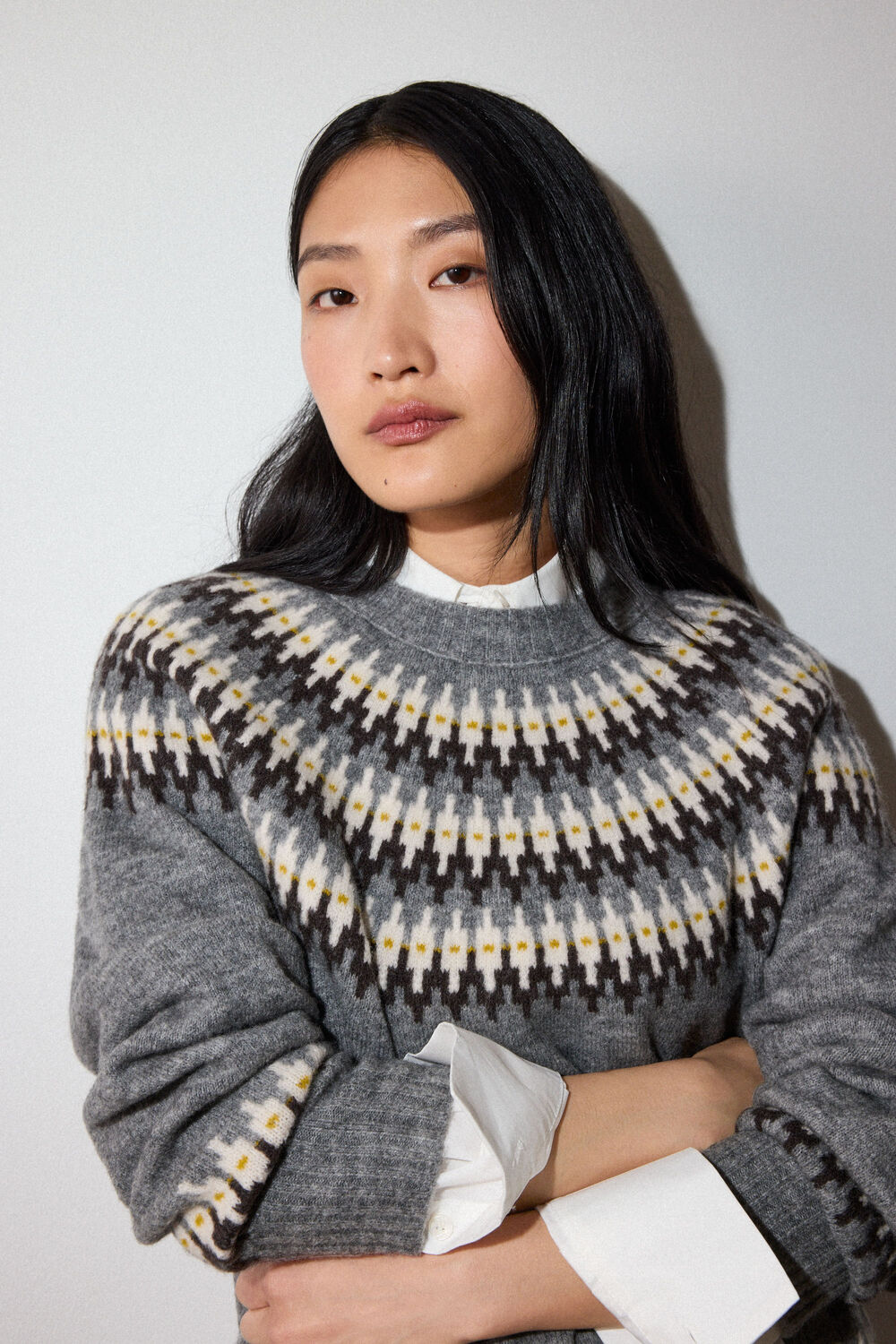 Grey Wool Mix Fairisle Detail Knit