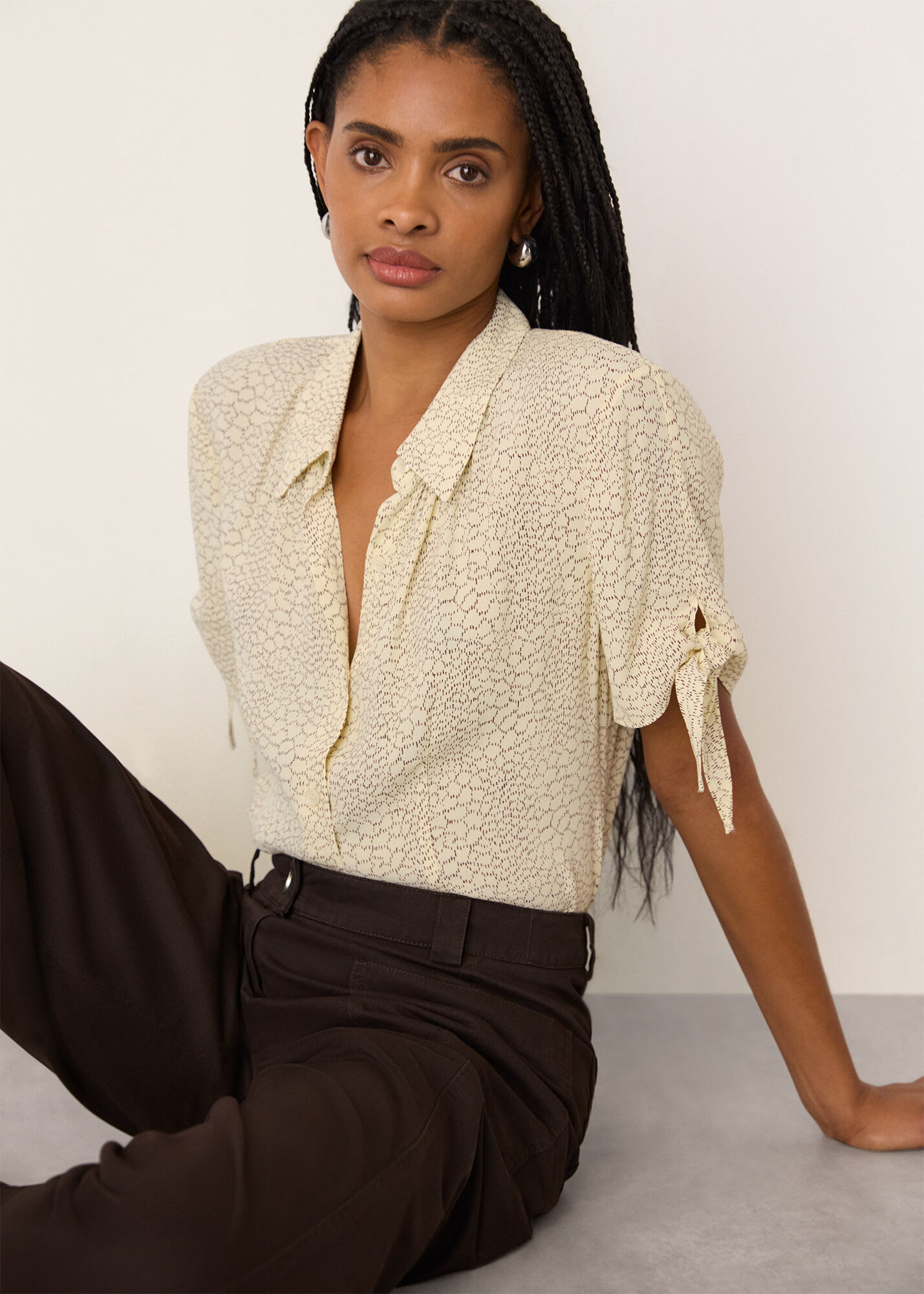 Ivory/Multi Dashed Marks Tie Sleeve Shirt | WHISTLES | Whistles US |