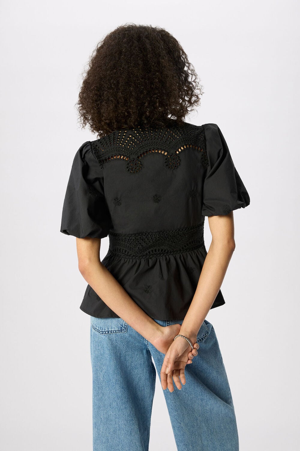 Black Cotton Broderie V Neck Blouse