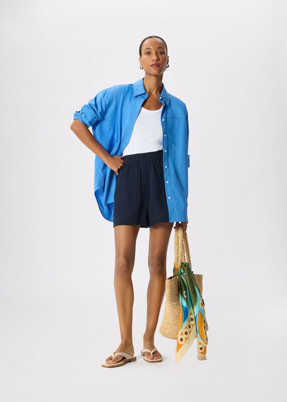 Navy Pull On Cheesecloth Short
