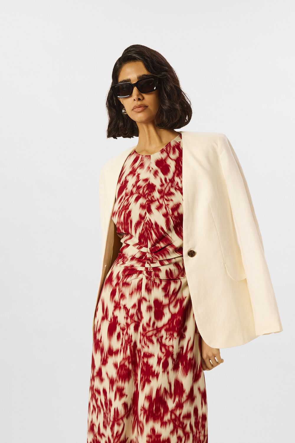 Red Blurred Floral Crepe Dress