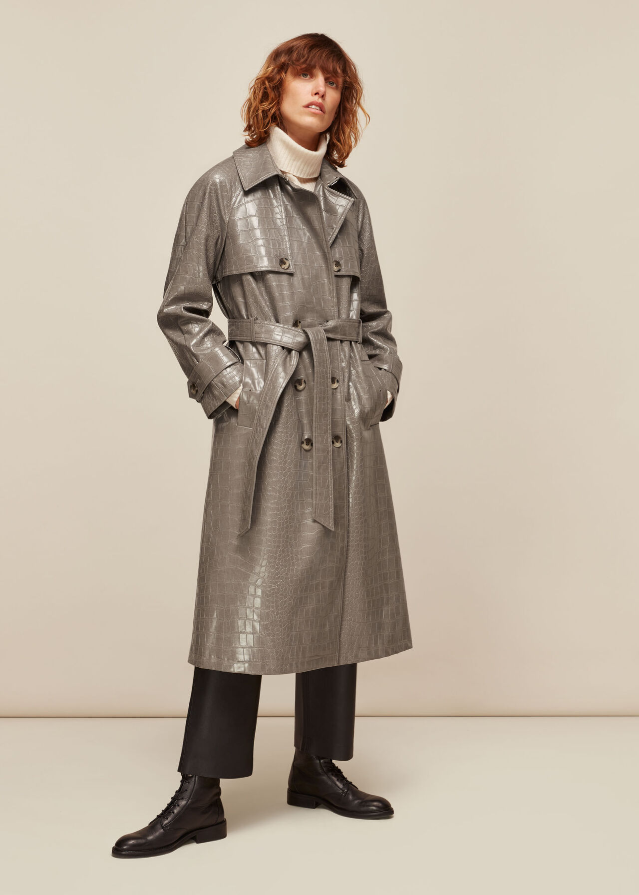 Textured Belted Trench Coat in Grey