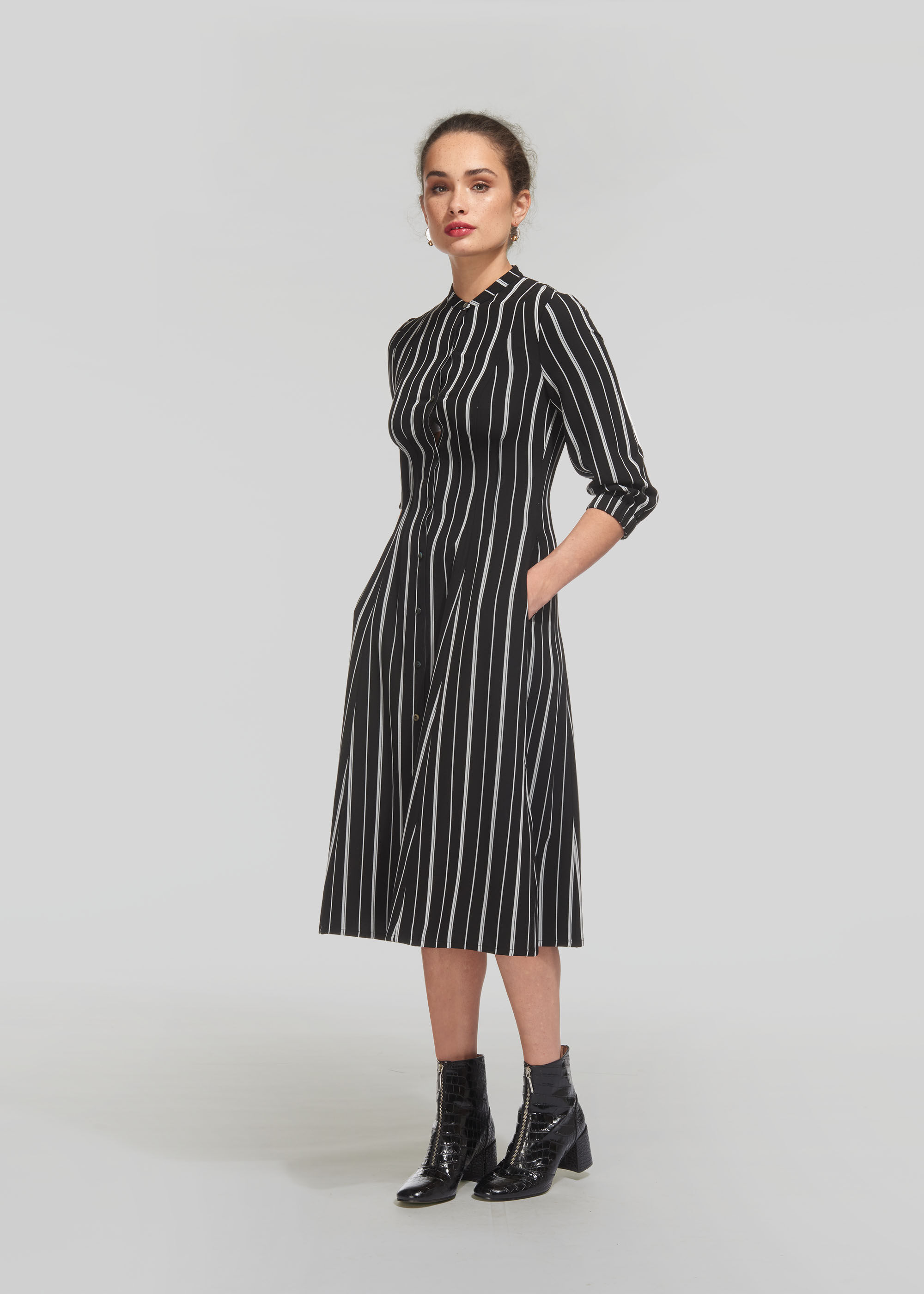 black and white striped shirt dress