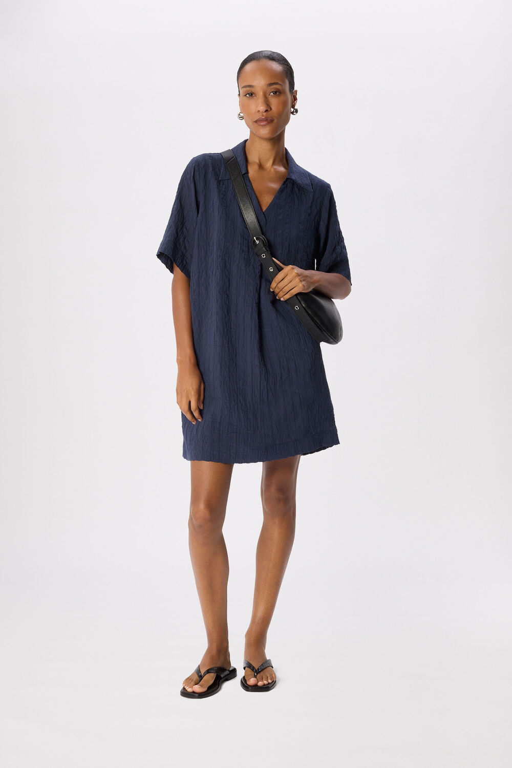 Navy Textured Relaxed Short Dress