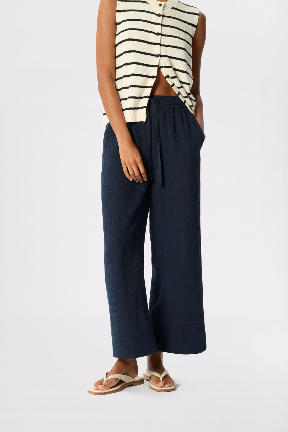 Navy Petite Wide Crop Cheesecloth Trouser