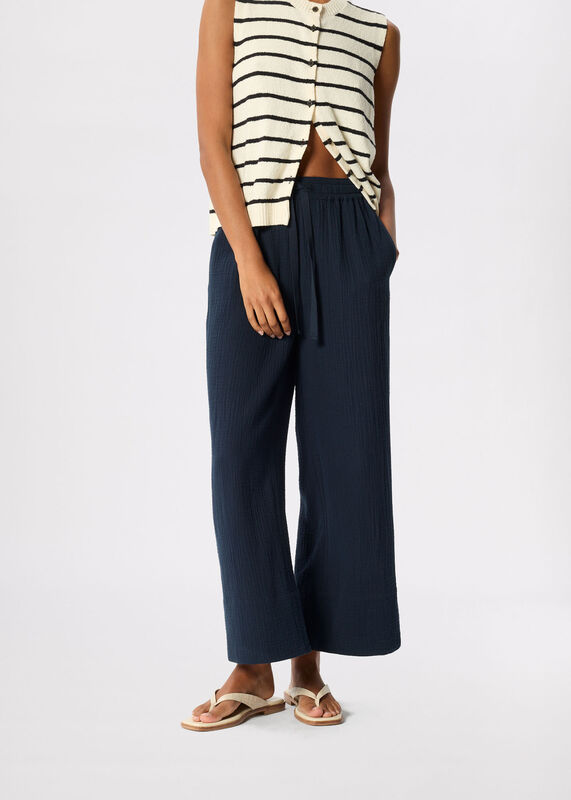 Navy Petite Wide Crop Cheesecloth Trouser