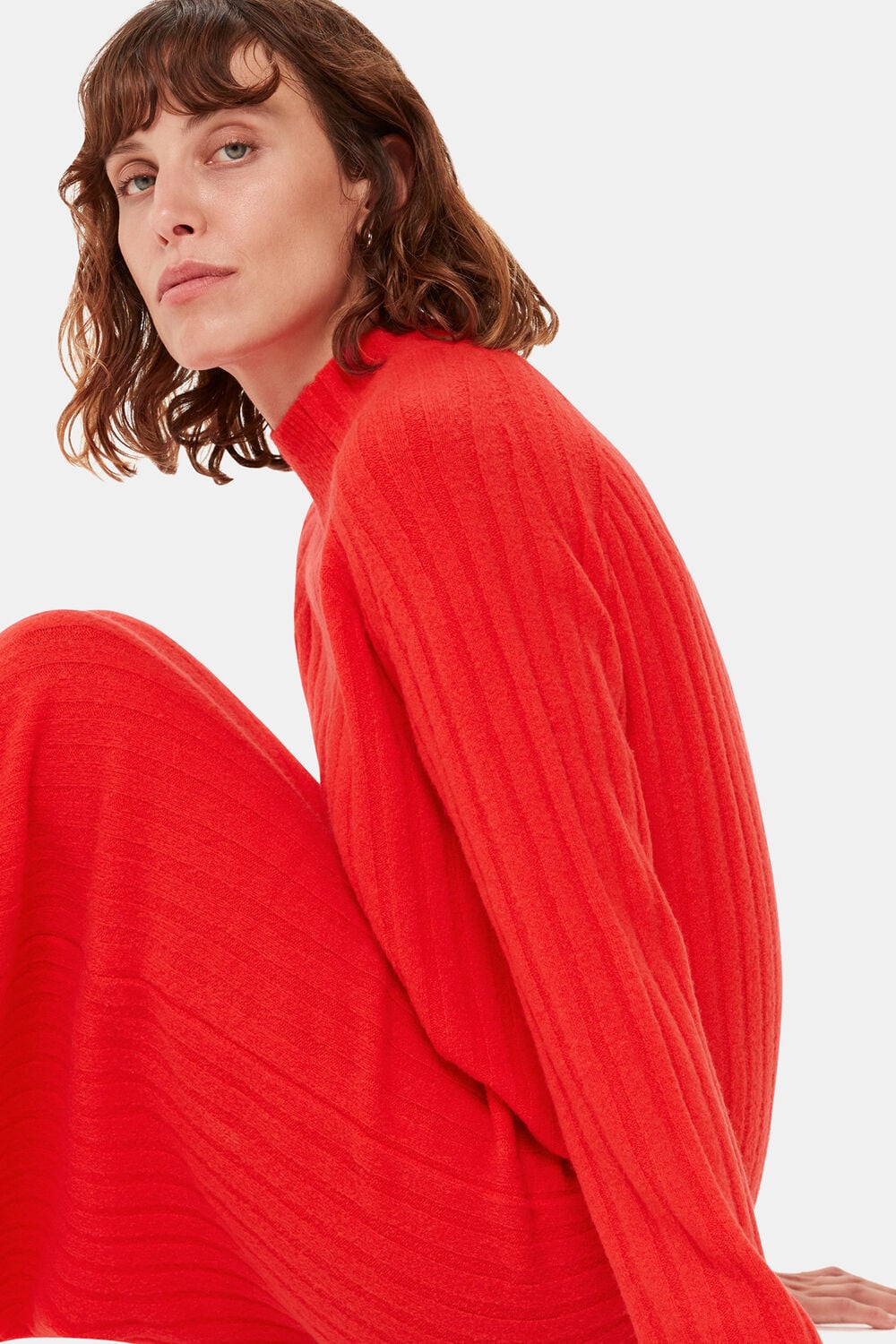 Red Ribbed Knitted Midi Dress