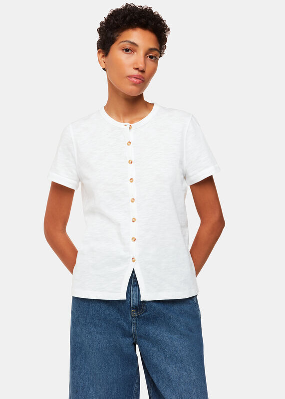 White Isla Round Neck Button Tee
